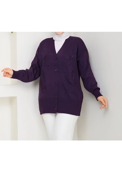 Işleme Detaylı Düğmeli Mor Hırka fırsatları