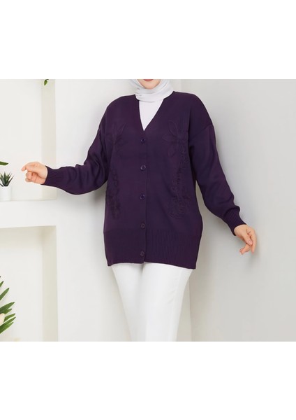 Işleme Detaylı Düğmeli Mor Hırka indirimleri