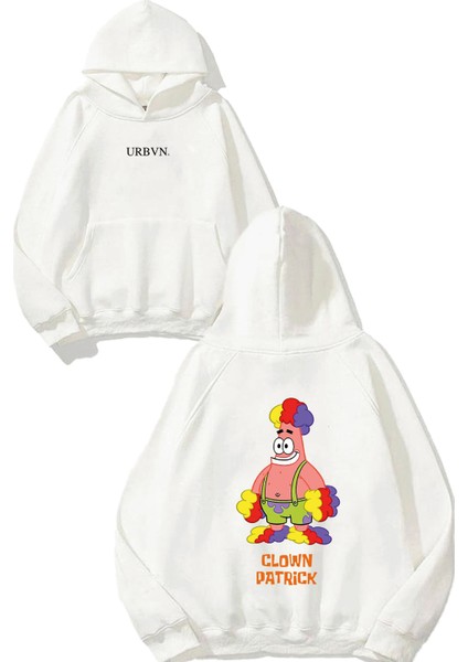 Clown Patrick Tasarım Baskılı Oversize Beyaz Kapüşonlu Sweatshirt