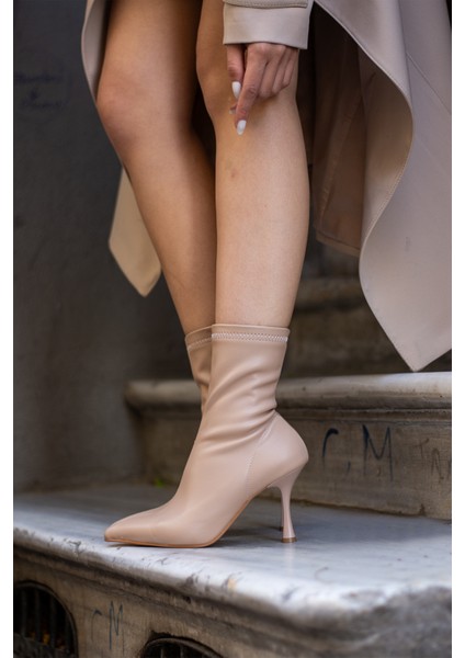 Kadın Marya Streç Cilt Yandan Fermuar Sivri Burun Ince Topuklu Bot