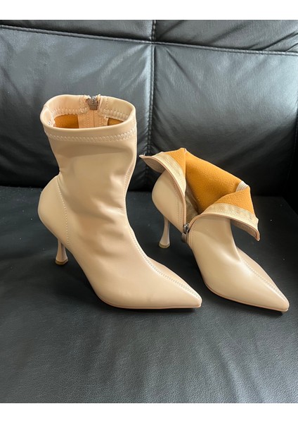 Kadın Marya Streç Cilt Yandan Fermuar Sivri Burun Ince Topuklu Bot indirimleri
