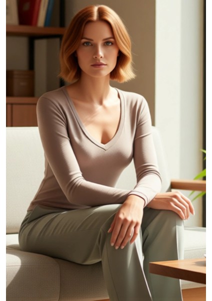 Kadın V Yaka Uzun Kollu Vücuda Oturan Örme Üst Konforlu ve Şık Kaliteli Şık Rahat Modern Zarif