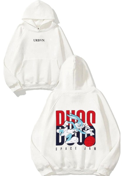 Space Jam Tasarım Baskılı Oversize Beyaz Kapüşonlu Sweatshirt