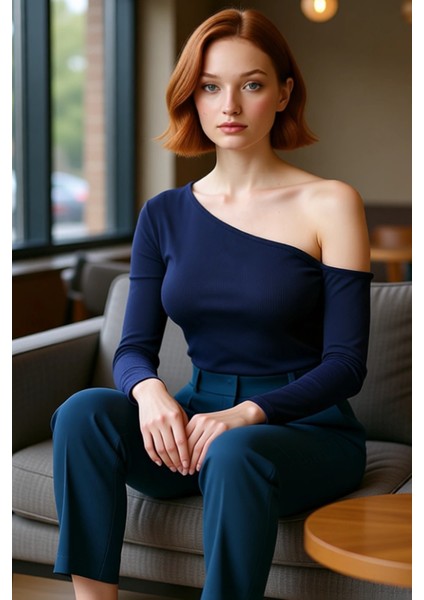 Kadın Şık Crop Asimetrik Yaka Düşük Kol Slim Kalıp Örme Fitted Vücuda Oturan Omzu Açık Fitilli Bluz