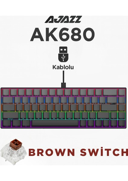 AK680 Kablolu %65 Boy Mekanik Oyuncu Klavyesi-Rainbow Aydınlatma Hot-Swap