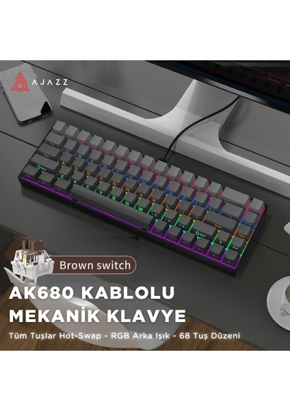 AK680 Kablolu %65 Boy Mekanik Oyuncu Klavyesi-Rainbow Aydınlatma Hot-Swap fiyatları