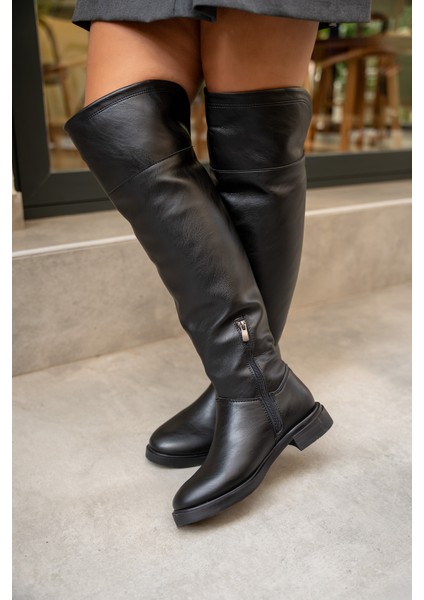 Akron Siyah Deri Düz Çizme