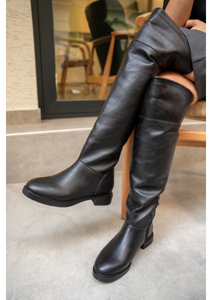 Akron Siyah Deri Düz Çizme modelleri