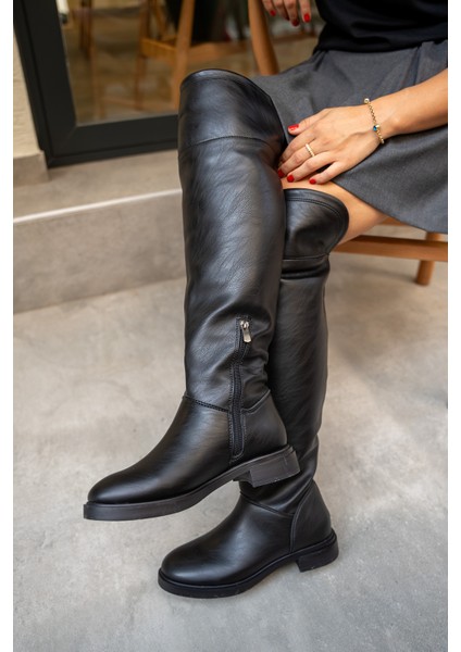 Akron Siyah Deri Düz Çizme fırsatları