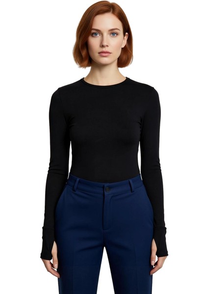 Kadın Regular Bisiklet Yaka Slim Kalıp Örme Viskon Yumuşak Kumaşlı Parmak Geçme Detaylı Esnek Bluz fiyatları