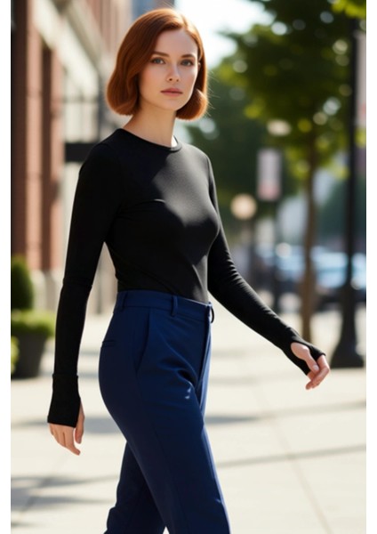 Kadın Regular Bisiklet Yaka Slim Kalıp Örme Viskon Yumuşak Kumaşlı Parmak Geçme Detaylı Esnek Bluz fırsatları