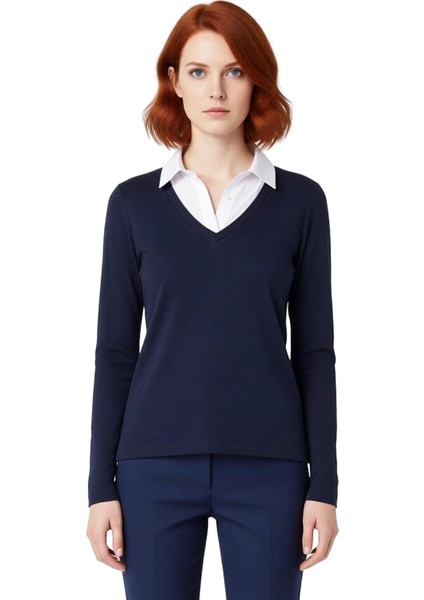 Kadın Bordo Polo Yaka Renk Bloklu Uzun Kollu Basic Siluet Smart Persona 100% Pamuk Kışlık Triko Üst modelleri