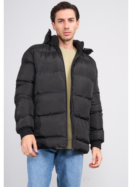 400 Siyah Erkek Kapüşonlu Astarlı Dolum Mont