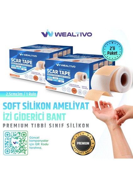 Premium Soft Silikon Yara Izi Bandı 2’li Set 3 M – 2,5 cm Genişlik, Ameliyat/sezaryen/skar