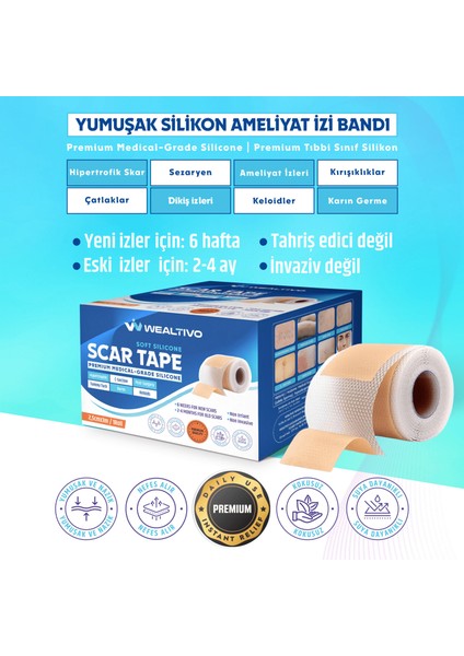 Premium Soft Silikon Yara Izi Bandı 2’li Set 3 M – 2,5 cm Genişlik, Ameliyat/sezaryen/skar modelleri