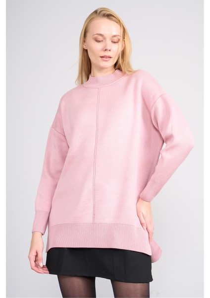 Çetinkaya Miya Mira Modest 8626 Kadın Dik Yaka Akrilik Yırtmaçlı Triko Kazak Pudra