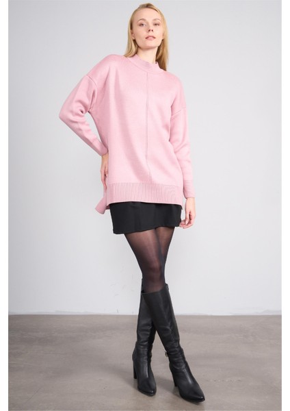 Çetinkaya Miya Mira Modest 8626 Kadın Dik Yaka Akrilik Yırtmaçlı Triko Kazak Pudra modelleri