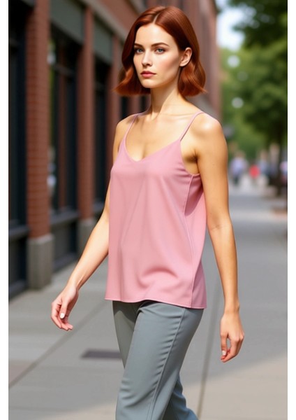 Kadın V Yaka Ince Askılı Düz Dokuma Bluz Günlük Şıklık ve Konfor Kaliteli Şık Rahat Modern