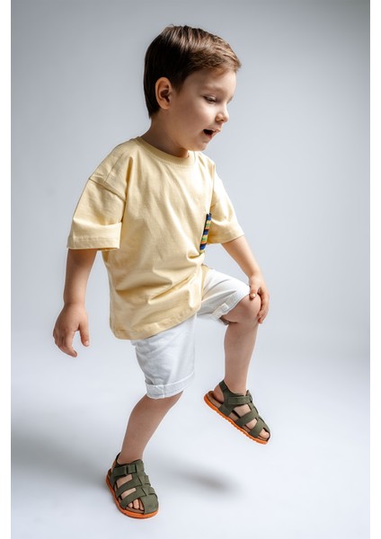 Unisex Çocuk Haki Hakiki Deri Mantar Tabanlı Günlük Çocuk Sandalet