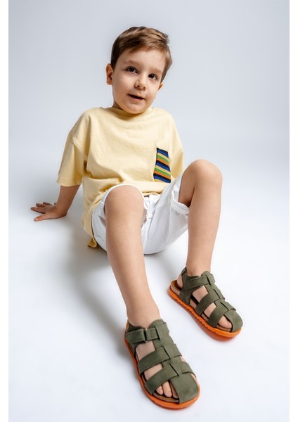 Unisex Çocuk Haki Hakiki Deri Mantar Tabanlı Günlük Çocuk Sandalet