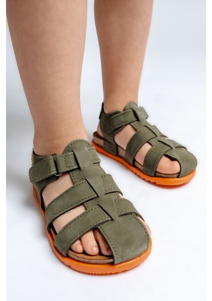 Unisex Çocuk Haki Hakiki Deri Mantar Tabanlı Günlük Çocuk Sandalet