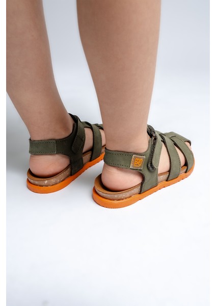 Unisex Çocuk Haki Hakiki Deri Mantar Tabanlı Günlük Çocuk Sandalet