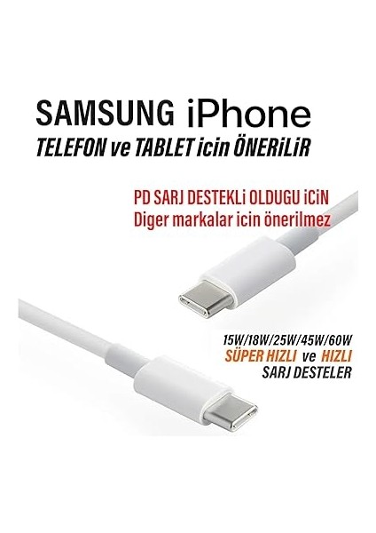 A53 A54 A55 A72 A73 Uyumlu Hızlı Şarj Kablosu Type-C - Type-C Şarj Kablosu 60W modelleri