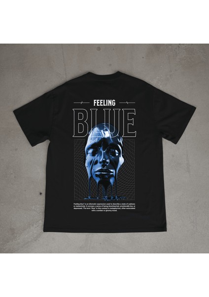 Blue Tasarım Baskılı Siyah Oversize T-Shirt