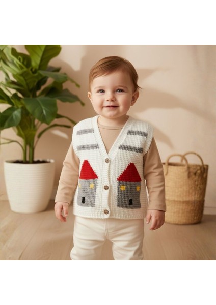 3784 El Örgüsü Ev Desenli Örgü Yelek / 1 - 2 Yaş