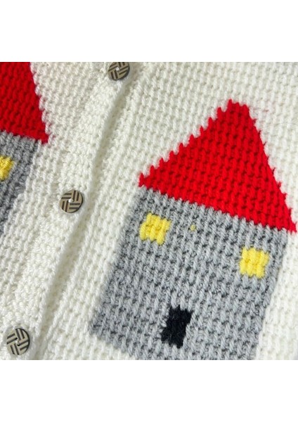 3784 El Örgüsü Ev Desenli Örgü Yelek / 1 - 2 Yaş indirimleri