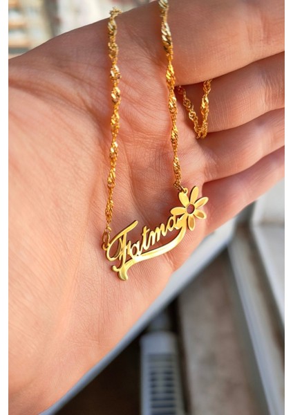 925 Ayar Gümüş 24 Ayar Altın Kaplama Isimli Çiçek Figürlü Kolye