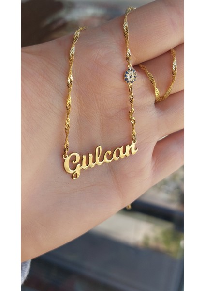 925 Ayar Gümüş 24 Ayar Altın Kaplama Tek Nazar Boncuklu Isimli Kolye