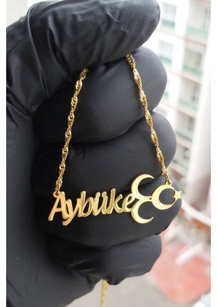 925 Ayar Gümüş 24 Ayar Altın Kaplama Isimli 3 Hilal Kolye