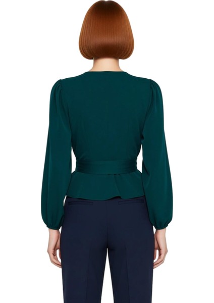 Kadın Ekru Kruvaze Bağlama Detaylı V Yaka Balon Kol Dokuma Bluz Kışlık Business Kullanım Için fırsatları