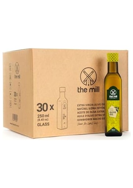 The Mill Natürel Sızma Zeytinyağı 250 ml Cam Şişe (30&apos;lu Paket) - Soğuk Sıkım - Yeni Hasat -%100 Doğal - Uluslararası Lezzet Enstitüsü Üstün 3 Yıldız Lezzet Ödülü - Salataya Uygun - Asitlik ≤%0,8