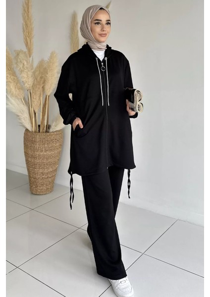 Ön Fermuarlı Kapüşonlu Tunik Bel Lastikli Pantolon Tesettür Ikili Takım P-00018943