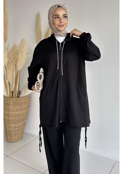 Ön Fermuarlı Kapüşonlu Tunik Bel Lastikli Pantolon Tesettür Ikili Takım P-00018943 fiyatları