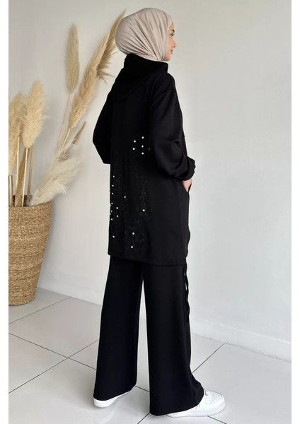 Ön Fermuarlı Kapüşonlu Tunik Bel Lastikli Pantolon Tesettür Ikili Takım P-00018943 modelleri