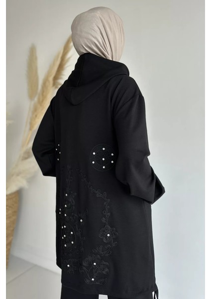 Ön Fermuarlı Kapüşonlu Tunik Bel Lastikli Pantolon Tesettür Ikili Takım P-00018943 fırsatları