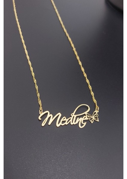 925 Ayar Gümüş 24 Ayar Altın Kaplama Kelebek Figürlü Isimli Kolye