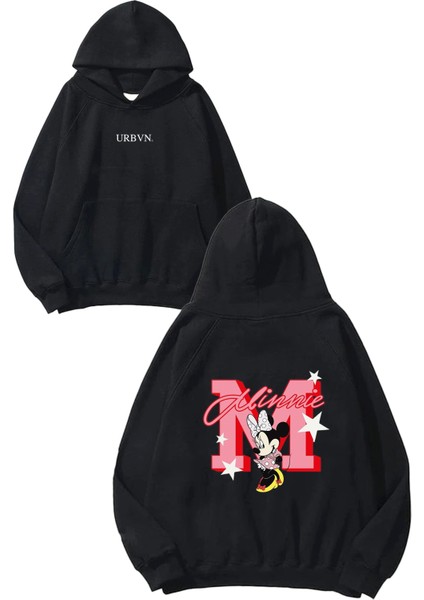 Minnie Mouse Tasarım Baskılı Oversize Siyah Kapüşonlu Sweatshirt