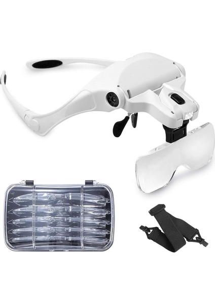 Kafa Bandı Büyüteç Gözlüğü, LED Işıklı, Eller Serbest Arama, Kuyumcu, Saatçi Hobi, 5 Lens, 1.0x 1.5x 2.0x 2.5x 3.5x (Tekrar Kullanılabilir)
