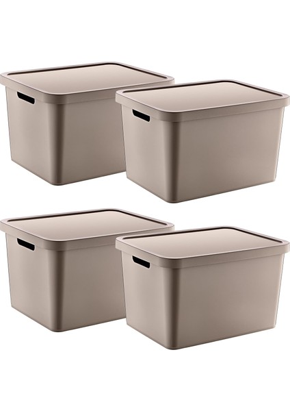 4'lü Set Stafi Çok Amaçlı Kapaklı Kutu Terra 18 Lt - Bej, Çok Amaçlı Kapaklı Kutu, Ev-Ofis-Depo Için, Kapaklı Saklama Kutusu
