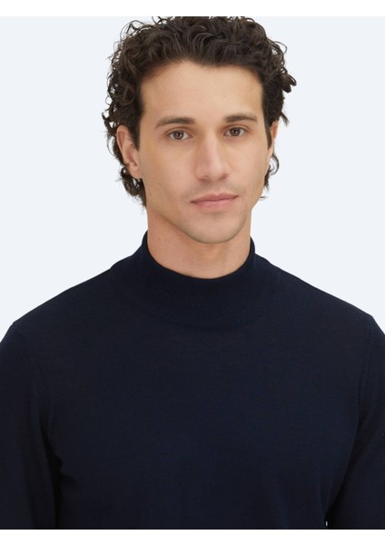 Lacivert Yarım Balıkçı Yaka Jakarlı Yün Karışımlı Triko Kazak modelleri