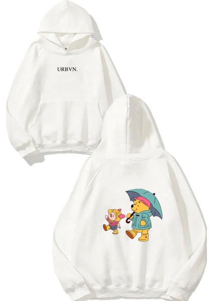 Winnie Piglet Tasarım Baskılı Oversize Beyaz Kapüşonlu Sweatshirt