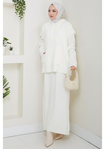 Kapüşonlu Tunik Elbise Triko Takım 1645 - Beyaz
