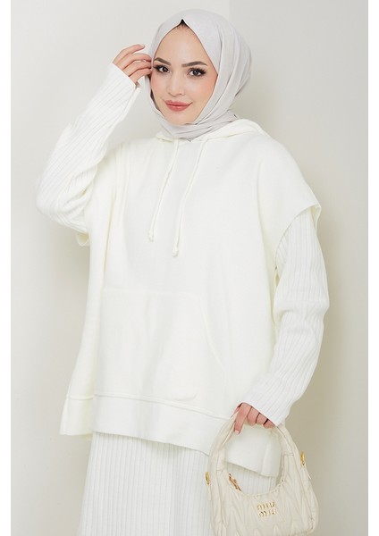 Kapüşonlu Tunik Elbise Triko Takım 1645 - Beyaz fiyatları