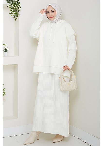 Kapüşonlu Tunik Elbise Triko Takım 1645 - Beyaz modelleri