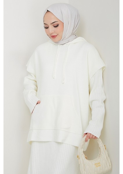 Kapüşonlu Tunik Elbise Triko Takım 1645 - Beyaz fırsatları