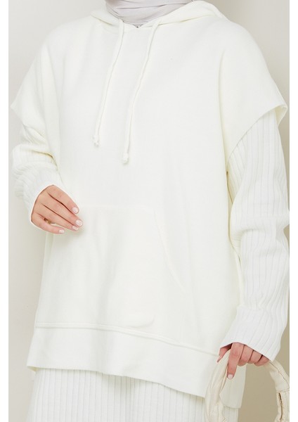 Kapüşonlu Tunik Elbise Triko Takım 1645 - Beyaz indirimleri